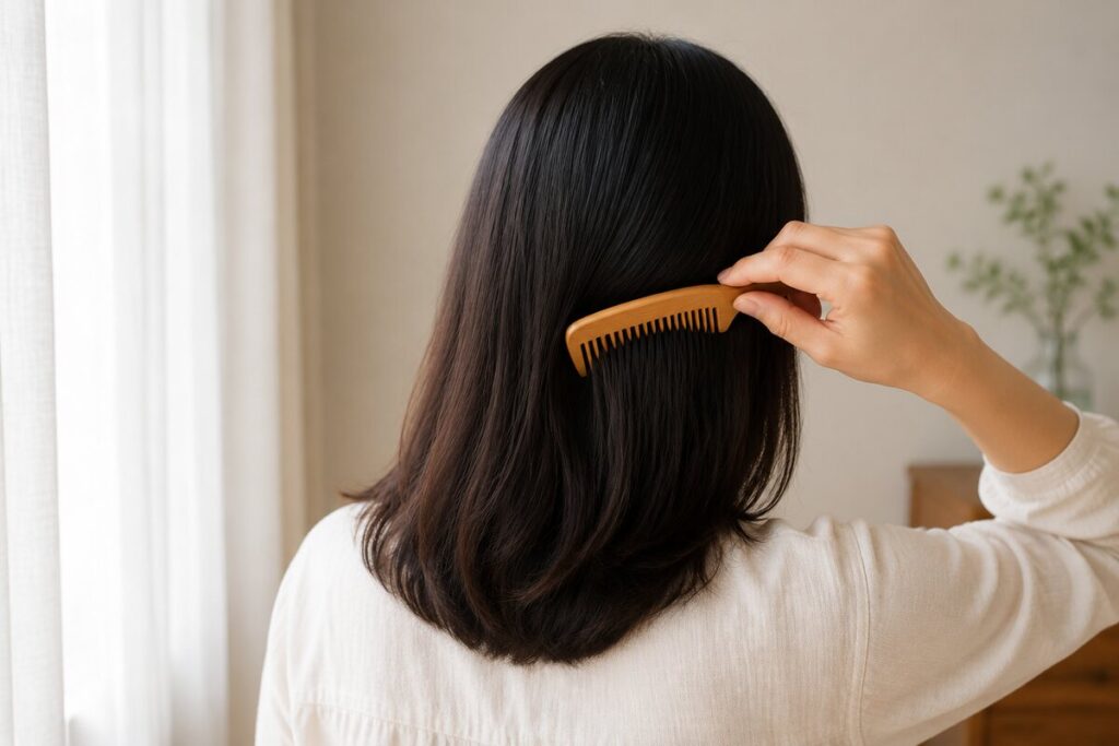 窓辺に置かれたブラシとヘアケア用品